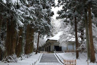 Hiraizumi Chusonji temple covered in snow during winter in Japan