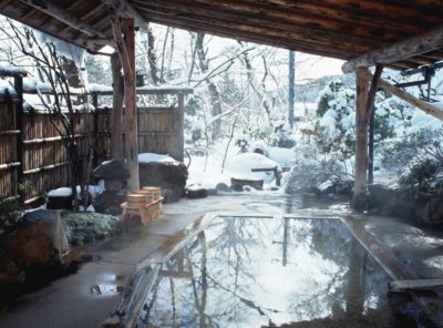 Naruko Onsen hot spring  bath with snow in the winter in Miyagi, Japan