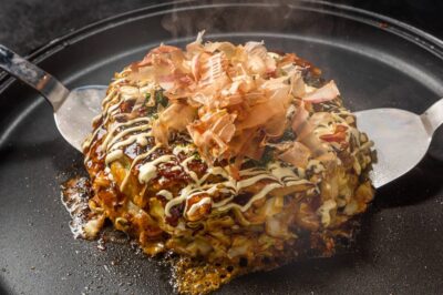 Okonomiyaki, a Japanese savory pancake from Hiroshima