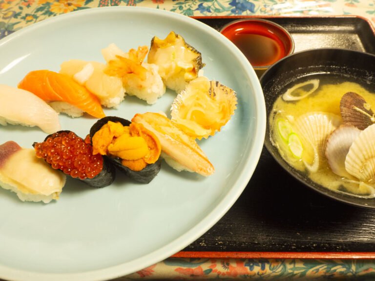 Fresh sushi at a Nemuro restaurant in Hokkaido, Japan. The town is also famous for nature.