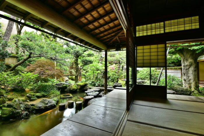 Garden and veranda of an old samurai house in Kanazawa, Japan