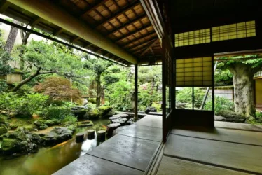Garden and veranda of an old samurai house in Kanazawa, Japan