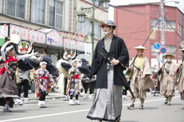 A man dressed as a samurai in a parade in Tono, Japan