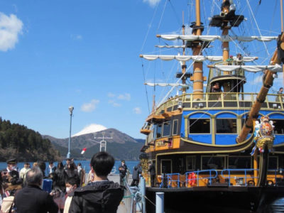 The pirate ship on Lake Ashi in Hakone, with Mt Fuji in the background. Popular day trip from Tokyo.