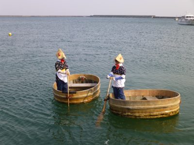 Taraibune tub boat in Sado Island, Japan. They are used to collect seaweed and tourists can take a ride.