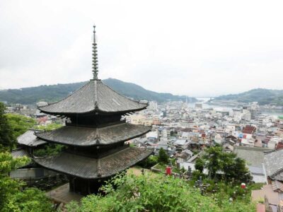 View of a pagoda from a hill in Onomichi, Japan