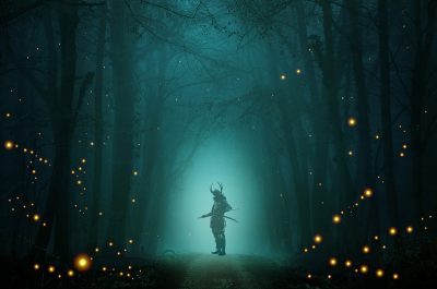 Samurai standing in a haunted dark forest with hitodama, one example of ghost stories from Japan