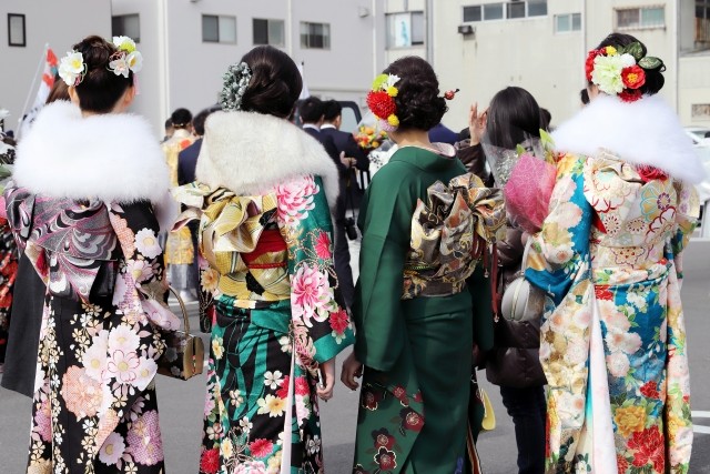 Young Japanese wearing kimono for coming of age day in Japan