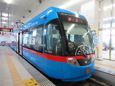 Doraemon train at Takaoka Station. Doraemon is one of the most popular anime and manga series in Japan.