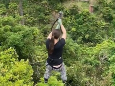 Zip line in Forest Adventure Onna in Okinawa, Japan