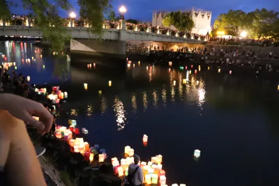 Lanterns on the river in Hiroshima, Japan during the Toro Nagashi festival