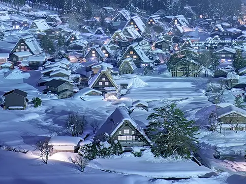 冬の合掌造り集落全景_夜🄫写真提供 白川村役場